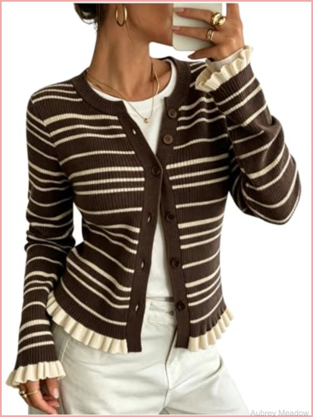 Women's Striped Button Up Long Sleeve Cardigan Sweater Ruffle Trim Knit